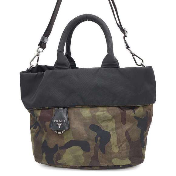 Prada Shoulder Camouflage Tote Hand Bag Reversible Nylon Black Bag - Picture 1 of 8